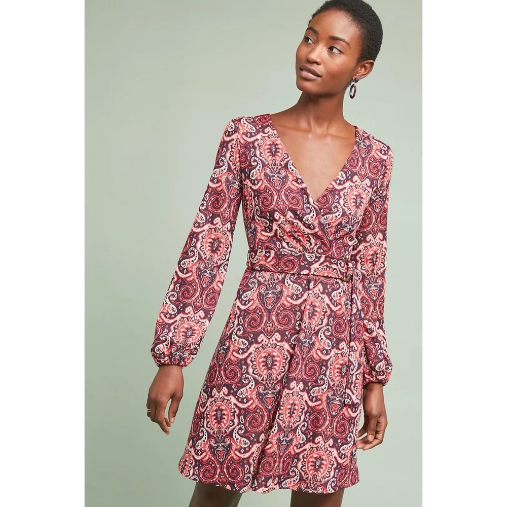 Maeve Anthropologie Purple and Red Paisley V-Neck Fit an Flare Long Sleeve Dress